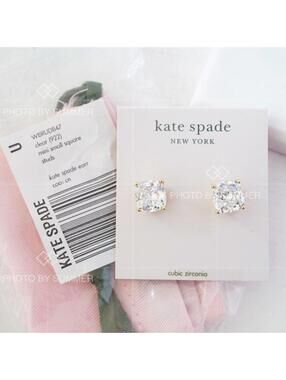 Kate Spade Mini Small Square Studs Earrings Gold Clear NWT